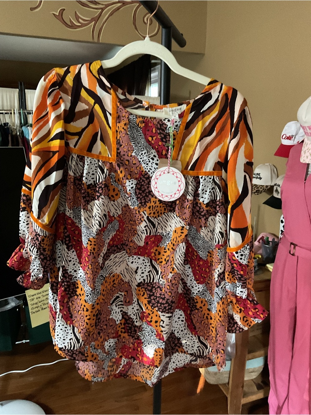 Umgee Multicolor Animal Mix Peasant Blouse in Orange, White, Black, Red
